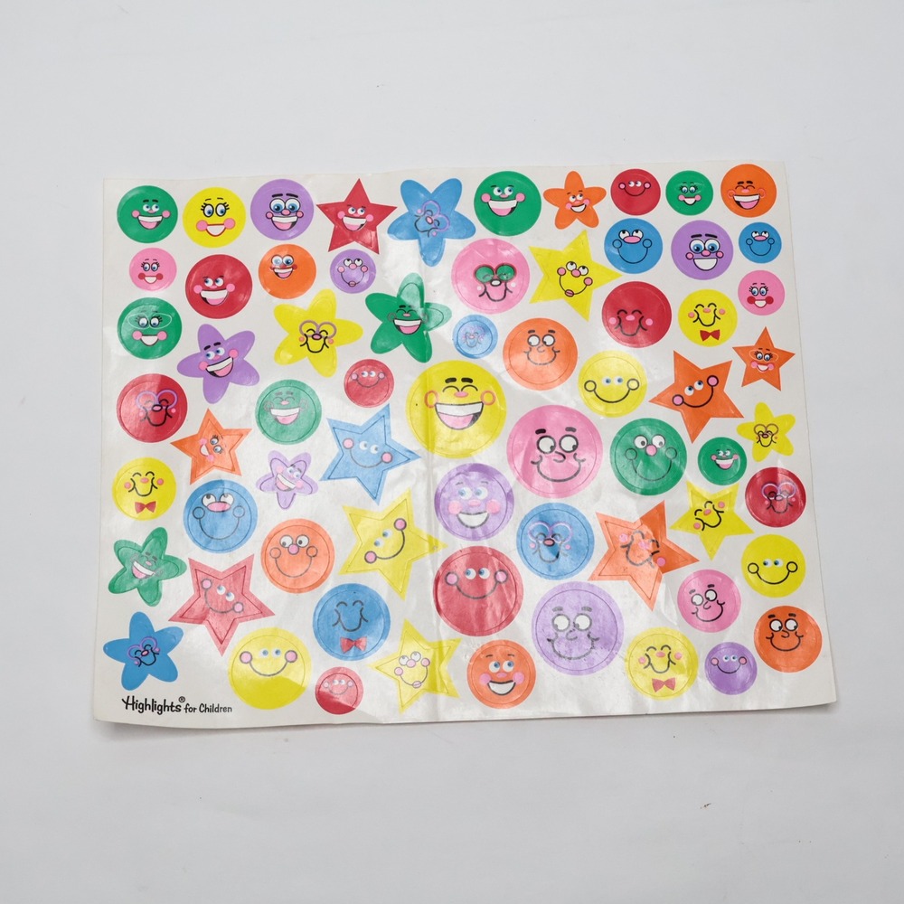 1 Vintage Sheet of Highlights‎ Colorful Smile Face + Stars Funny Faces Stickers